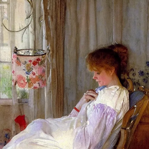 Prompt: blonde woman nightgown painting volegov carl larsson