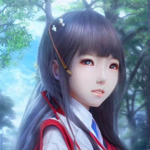 Image similar to ultra-detailed, HD semirealistic anime CG concept art digital painting of a close-up Japanese schoolgirl, by a Chinese artist at ArtStation, by Huang Guangjian, Fenghua Zhong, Ruan Jia, Xin Jin and Wei Chang. Realistic artwork of a Chinese videogame, gentle an harmonic colors.