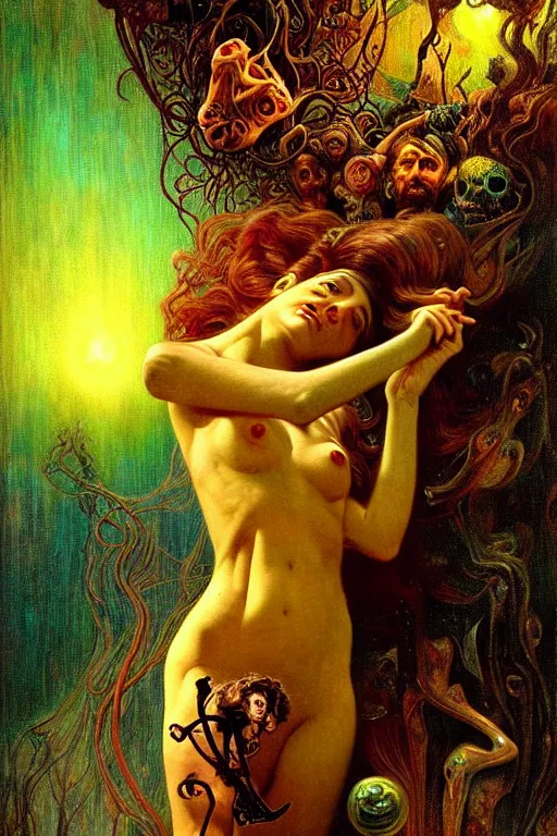 Image similar to life exists at the edge of chaos infected by night by dali in the style of a modern gaston bussiere, alphonse muca, victor horta, tom bagshaw. anatomically correct. extremely lush detail. masterpiece. melancholic scene infected by night. perfect composition and lighting. sharp focus. high contrast lush surrealistic photorealism. sultry expression on her face.