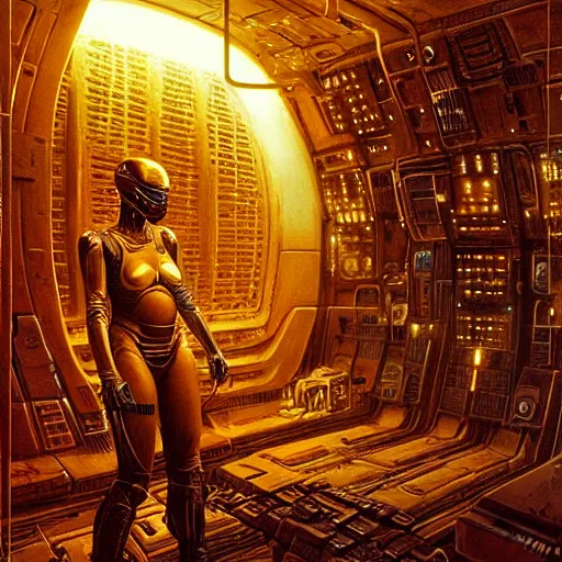 Prompt: sci - fi bounty hunter, atmospheric lighting, painted, intricate, golden hour, ultra detailed by peter gric, giger, enki bilal