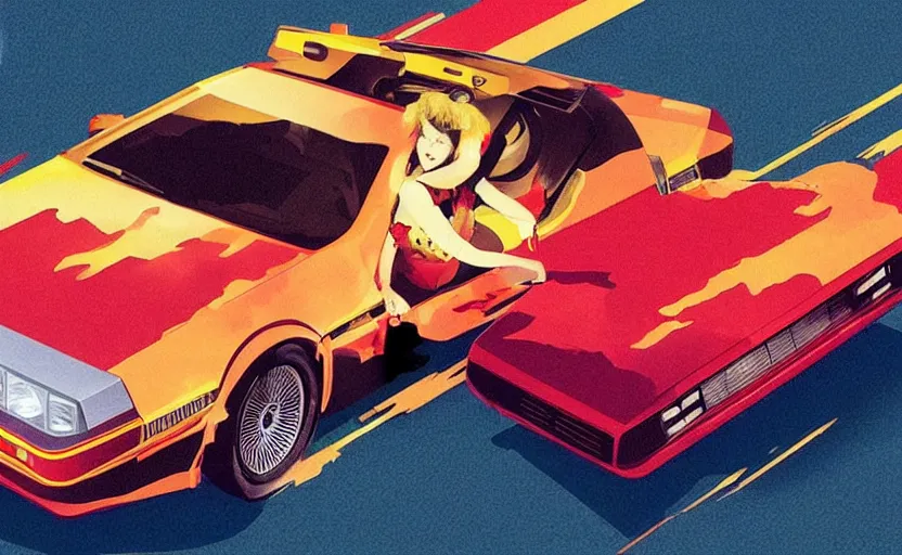 Image similar to a red delorean with a yellow tiger, art by hsiao - ron cheng in a magazine collage style, # de 9 5 f 0