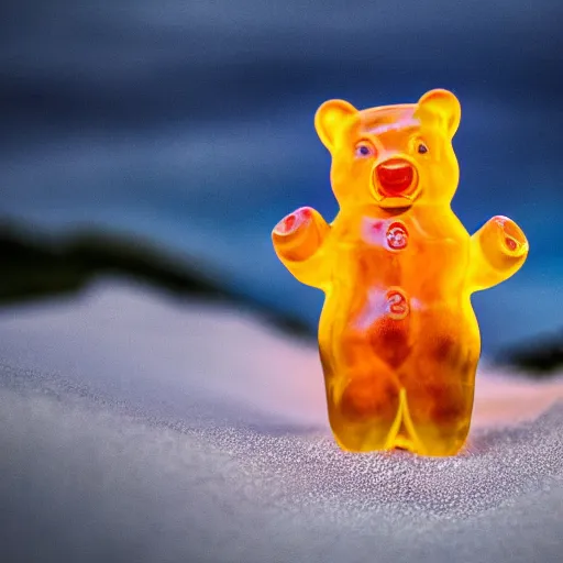 Prompt: 5 5 mm macro photo of an lifesize magical gummi bear standing, holding out its hands for a hug, on the gentle hill of white sugar. at the beach. dof. bokeh. sharp focus, highly detailed 8 k. intricate. lifelike. soft light. cinematic lighting.