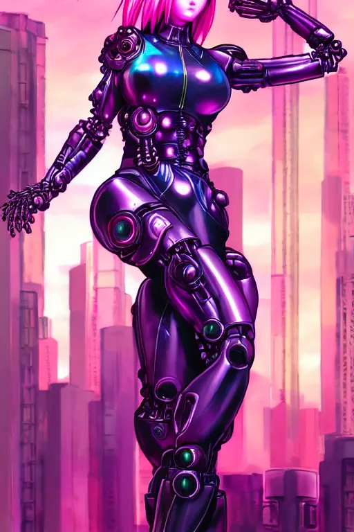 Image similar to 3 / 4 portrait of samus aran, kowloon cyberpunk cityscape, biomechanical oppai, rain, purple and pink and black neon lighting, by artgerm and clay mann and sorayama and alphonse mucha, trending on artstation