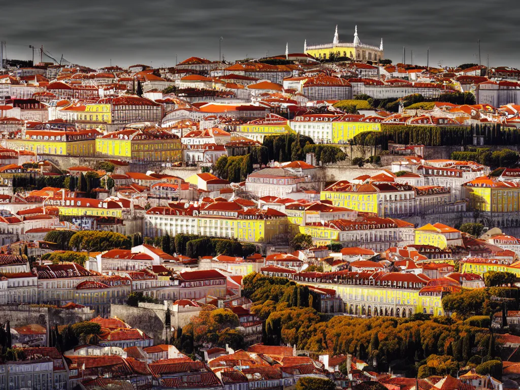 Image similar to a beautiful serene lisbon during autumn on a fine day, photorealistic, hyperdetailed, studio lighting, octane render, caustics