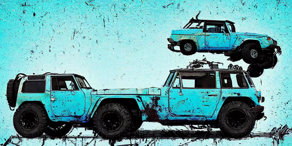 Image similar to digital illustration of a futuristic faded cyan mad max's fj 4 0 decrepit!!!! pursuit special, rusty!!! cyberpunk nissan fj cruiser heavily modded 1 9 9 0 s, the last v 8 interceptor by makoto shinkai, ilya kuvshinov, lois van baarle, rossdraws, basquiat