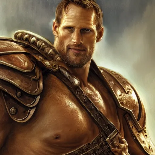 Image similar to ultra realistic illustration,, a hulking herculean alexander skarsgard with leather armour, from doom and warhammer, intricate, elegant, highly detailed, digital painting, artstation, concept art, smooth, sharp focus, illustration, art by artgerm and greg rutkowski and alphonse mucha