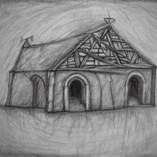 Prompt: lineart of a medieval building in a field, white charcoal, black canvas