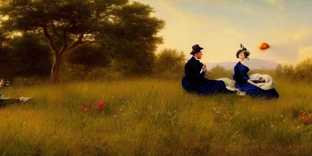 Prompt: a couple in victorian formal attire sitting in grass watching a starship launch into orbit, painting in the style of hudson river school, 4 k