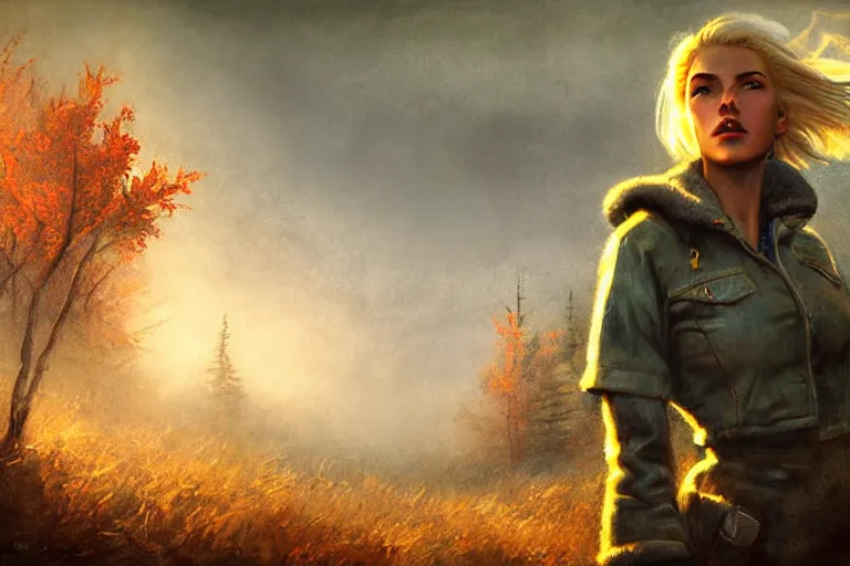 Prompt: fallout 5, charismatic beautiful rugged blonde female protagonist, portrait, outdoors alaskan wilderenis, atmospheric lighting, painted, intricate, volumetric lighting, beautiful, daytime, autumn, overcast weather, foggy, sharp focus, desaturated colours, ultra detailed, art by william turner