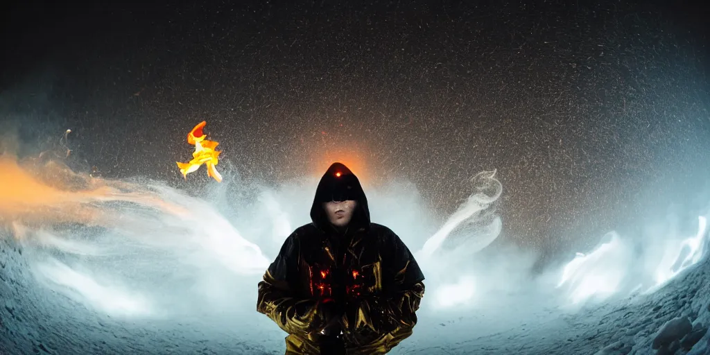 Image similar to music video fisheye slow motion with trail fire and smoke effect of futuristic break dancer wearing long dark cloak and golden helmet emitting fire and crystals, long exposure shot , enigmatic, at night in the middle of the arctic with red light A letter, paddle of water, steam, fog, water splashes, rim lights, glossy reflections, water droplets on lens, octane render, Volumetric dynamic lighting, stunning cover magazine, high details, hajime sorayama