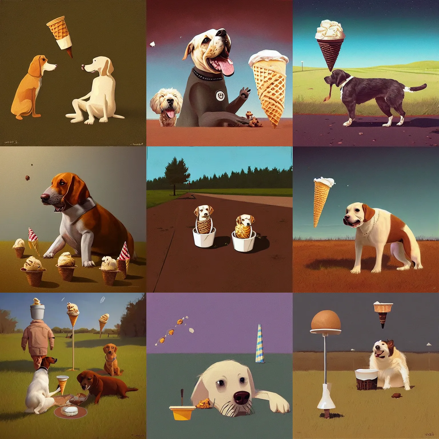 Prompt: “dogs that eats ice cream from cones, artwork by Scott Listfield, trending on artstation”