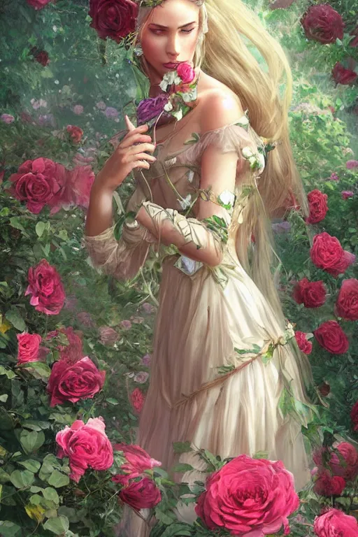 Image similar to beautiful woman in the middle of a lush garden with roses in her hair and an intricate gown, highly detailed, artstation, art by artgerm and greg rutkowski,