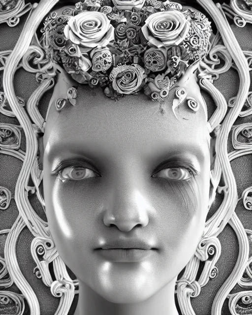 Image similar to mythical dreamy black and white organic bio-mechanical spinal ribbed profile face portrait detail of translucent steampunk beautiful siamese sisters females angelic-human-queen-vegetal-cyborg, highly detailed, intricate trnaslucent ivy jelly ornate, poetic, translucent roses ornate, 3D render, digital art, octane render, 8K artistic photography, photo-realistic, by Dora Maar