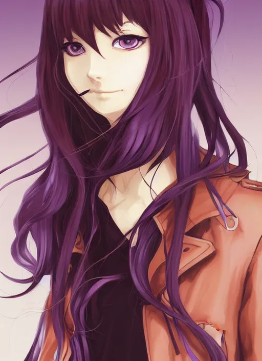 Prompt: portrait illustration by shigenori soejima, beautiful girl with fox ears, focus on face, purple - eyes, pretty, cinematic lighting, painterly, long wavy orange hair, light brown trenchcoat