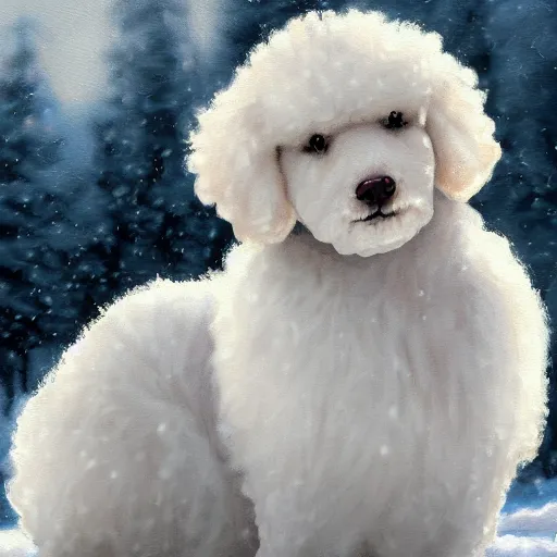 Image similar to cute fluffy white poodle puppy sitting in snowy winter landscape detailed painting 4k