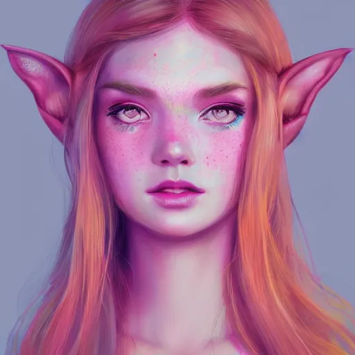 Image similar to girl portrait, elven princess, head and shoulders, matte print, pastel pink, neon highlights, digital art, cute freckles, digital painting, fan art, elegant, pixiv, by Ilya Kuvshinov, daily deviation, IAMAG