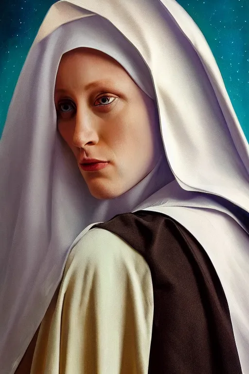 Prompt: hyperrealism oil painting, close - up portrait of albino medieval nun fashion model, knight, steel gradient mixed with nebula sky, in style of baroque
