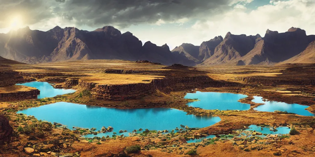 Prompt: beautiful lesotho landscape, environment, lake, film, dramatic, cinematic, highly detailed, mid day, large scale, hyperrealistic, realistic lighting, octane render, by wlop, artgerm, trending on artstation hd, 8 k, clear, sharp