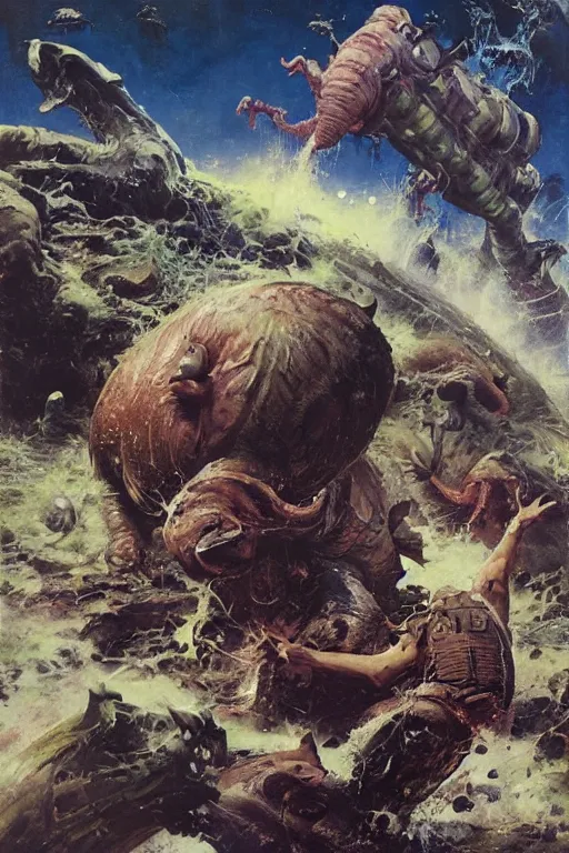 Image similar to huge slimy huge pig attacks, dynamic action on alien planet, by norman rockwell, jack kirby, jon berkey, earle bergey, craig mullins, ruan jia, jeremy mann, tom lovell, marvel, astounding stories, 5 0 s pulp illustration, scifi, fantasy