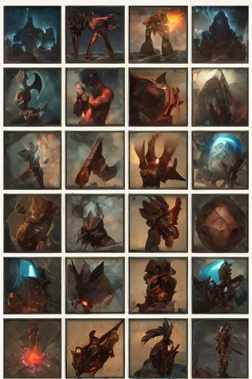 Image similar to 2x2 item concept art showcase grid on flat background of legendary artifact by artgerm and Craig Mullins, James Jean, Andrey Ryabovichev, Mark Simonetti and Peter Morbacher 16k