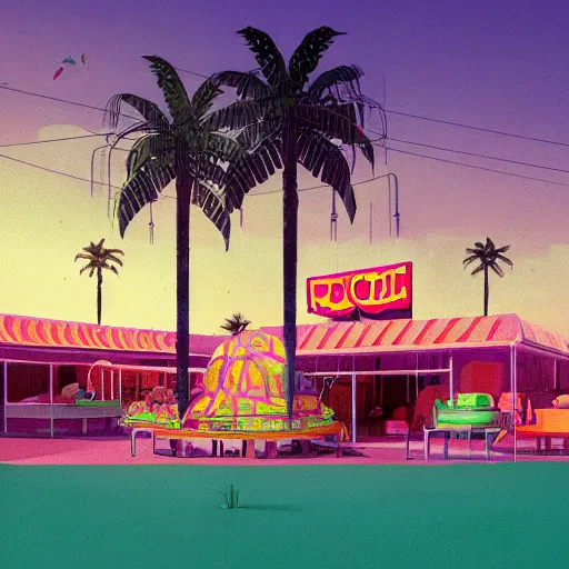 Image similar to inside psychedelic beachfront fast food restaurant with palm trees by simon stalenhag