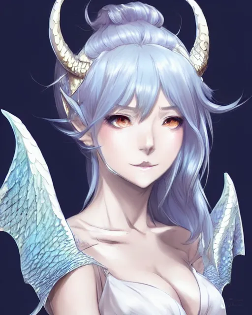 Image similar to character concept art of a woman with ice dragon horns and wings | | very anime, dragon scales, cute - fine - face, pretty face, realistic shaded perfect face, fine details by stanley artgerm lau, wlop, rossdraws, james jean, andrei riabovitchev, marc simonetti, and sakimichan, tranding on artstation