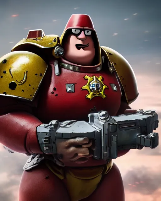 Image similar to peter griffin wearing warhammer space marine armor dynamic pose menacing cinematic shot atmospheric greebled high detail 4 k