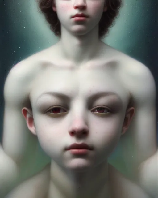 Image similar to dreamy, subsurface scattering, white, young beautiful god in cosmos, octane render, dino valls, mark ryden, joe fenton, michal karcz, highly detailed, rim light, art, cinematic lighting, very coherent, hyper realism, 8 k