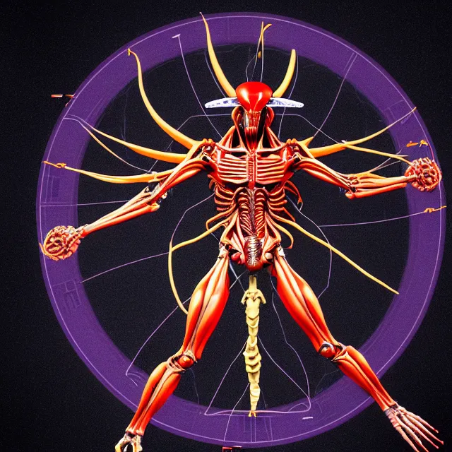 Prompt: full profile of evangelion xenomorph as circular vitruvian man by biomechanical, ultra wide angle, full body, no crop, golden ratio, ultra details