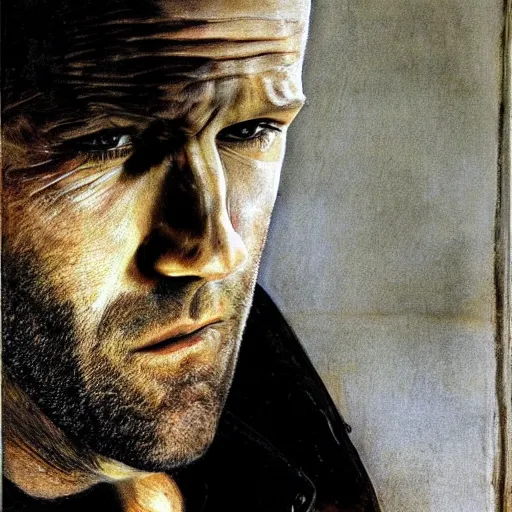 Prompt: high quality, high detail, realistic portrait of jason statham, painted by andrew wyeth, dramatic lighting, cinematic composition