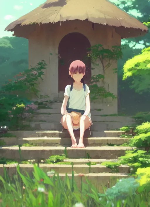 Image similar to girl sitting on a stair where there is an arched shed, many green plant and flower gowing on it, illustration concept art anime key visual trending pixiv fanbox by wlop and greg rutkowski and makoto shinkai and studio ghibli