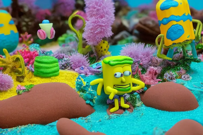 Prompt: miniatures photography of bikini bottom ( spongebob location ), everything has a plasticine sheen