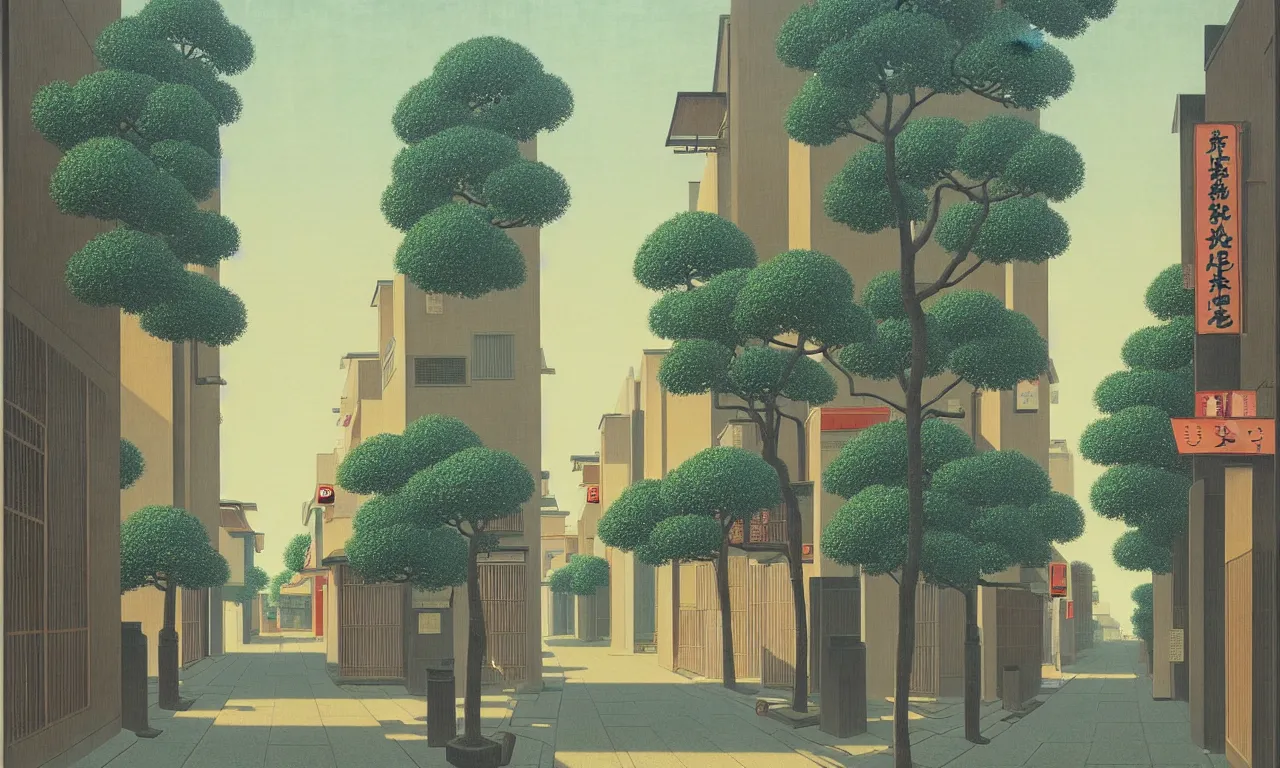 Image similar to an achingly beautiful print of a quiet street in Tokyo Japan with temples and plants, by Raphael, Hopper, and Rene Magritte. detailed, romantic, enchanting, trending on artstation.