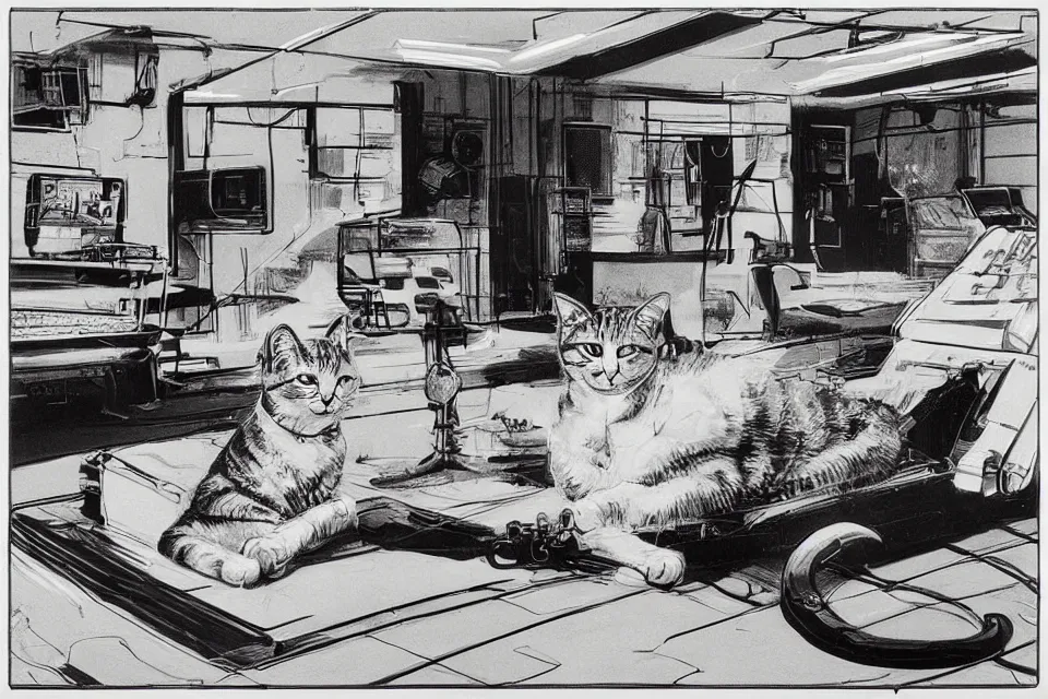 Prompt: cat sitting in a neon basement john kricfalusi and syd mead