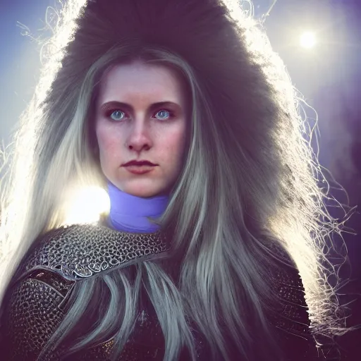 Prompt: head and shoulders portrait of a female knight, narrow face and high cheekbones, blue eyes and flowing hair, dramatic lighting, cinematic lens flare, 3 5 mm f 1. 4, kodachrome