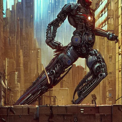 Image similar to robot cyborg wolverine in cyberpunk city, highly detailed beksinski superhero art