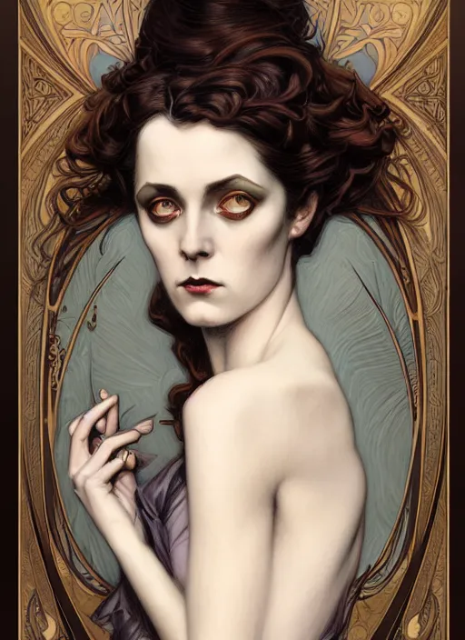 Image similar to an art nouveau, victorian dectective portrait in the style of charlie bowater, and in the style of donato giancola, and in the style of charles dulac. very large, clear, expressive, intelligent eyes. symmetrical, centered, ultrasharp focus, dramatic lighting, photorealistic digital painting, intricate ultra detailed background.