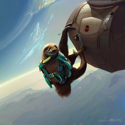 Image similar to detailed science - fiction character portrait of a sloth skydiving, wild, highly detailed, digital painting, artstation, concept art, smooth, sharp focus, illustration, art by artgerm and greg rutkowski and alphonse mucha