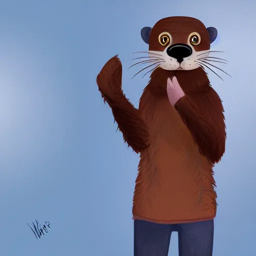 Prompt: anthropomorphic furry otter with brown fur wearing a blue sweater commission, by wlop, casual, digital painting