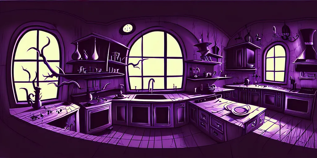 Prompt: curved perspective digital art of a dark kitchen from tim burtons nightmare before christmas by petros afshar