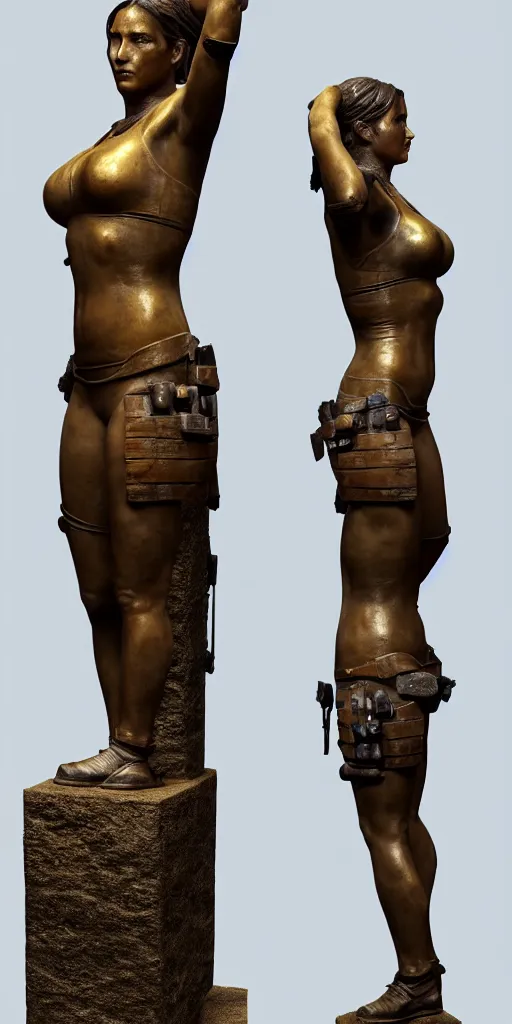 Image similar to detailed photo of an old bronze patina statue of a beautiful lara croft posing for a full body portrait, photorealismintricate detail, museum diffuse lighting