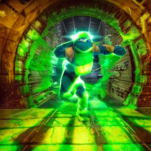 Image similar to teenage mutant ninja turtle, epic action movie still, hyper realistic award winning creature photography, epic volumetric lighting, glowing border of green radioactive Ooze dripping around frame, detailed face, golden ratio