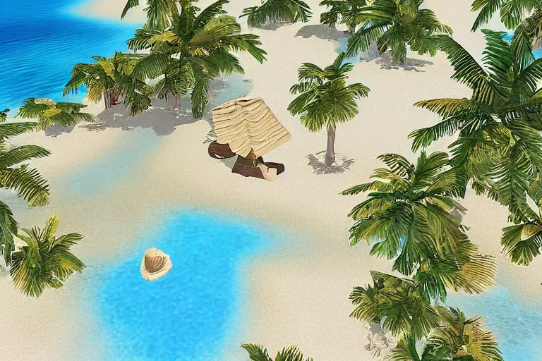 Prompt: A 90\'s 3D desert island paradise, crystal clear sea, screenshot