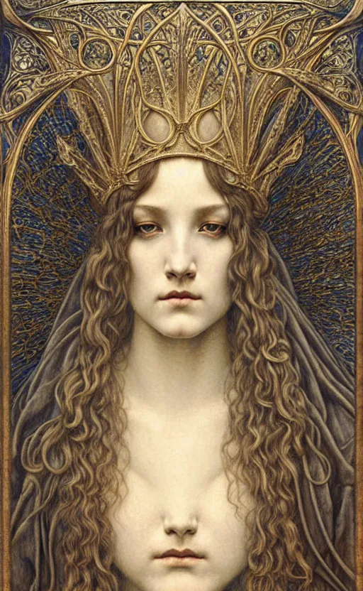 Image similar to detailed realistic beautiful young medieval queen face portrait by jean delville, gustave dore and marco mazzoni, art nouveau, symbolist, visionary, gothic, pre - raphaelite. horizontal symmetry