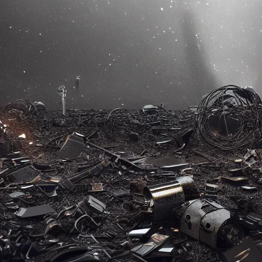 Image similar to view from afar of a maelstrom of scrap metal in black, starless space, astrophysical photo, octane render