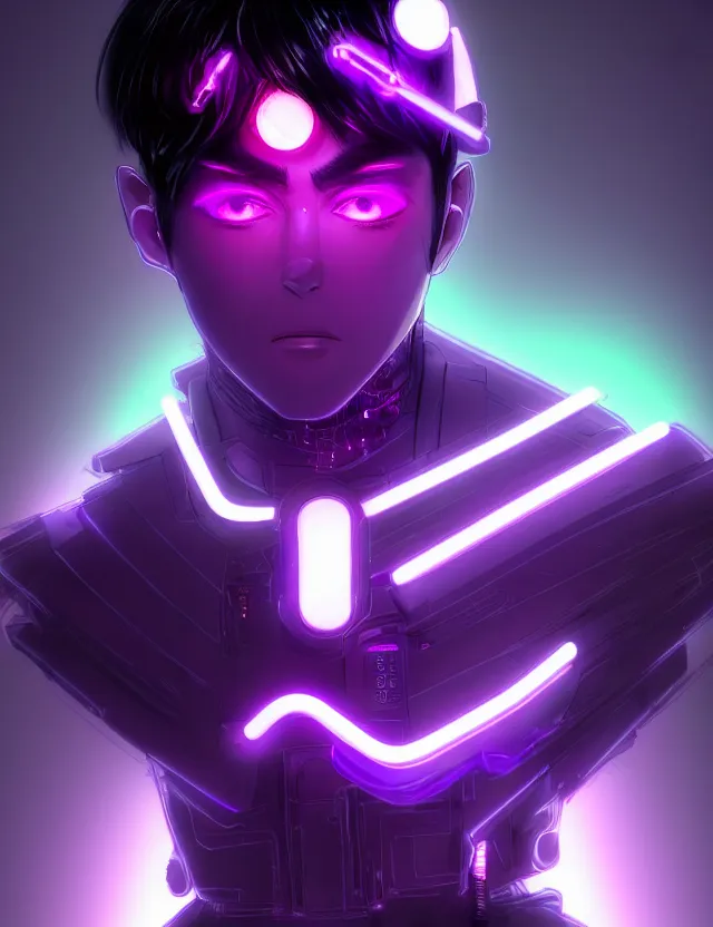 Image similar to a detailed manga portrait of a black haired cyborg man with glowing neon purple lights, trending on artstation, digital art, 4 k resolution, detailed, high quality, sharp focus, hq artwork, coherent, insane detail, character portrait