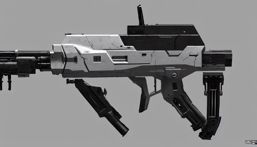 Prompt: extremely detailed realistic side view of a sci fi bullpup laser rifle, detailed trigger, chemically propelled, battery powered, smooth streamline, battery and wires, railgun, chemrail, gauss, elegant sleek smooth body, white paint, smooth utopian design, ultra high quality, minimalist, octane, cod, destiny, warframe, terminator