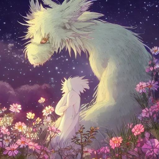 Prompt: detailed spirit creature in the flowers at night made by studio ghibli, beautiful scene, detailed, high quality, high details, smooth, ghibli artstyle, 8 k,