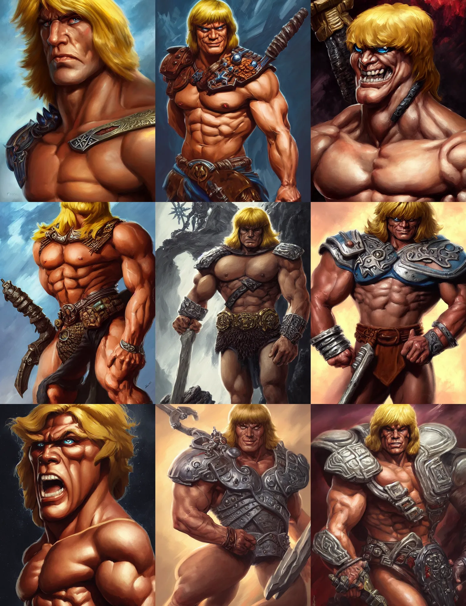 Prompt: he - man, closeup portrait, sci fi, fantasy, intricate, with german iron cross on bare chest, stoic, loin cloth, highly detailed, oill painting, artstation, concept art, matte, sharp focus, painting by frazetta and peter chung