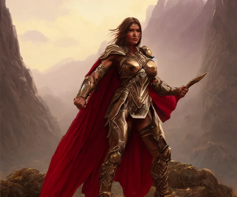 Prompt: epic portrait cinematic shot an spartan woman wearing bronze armor and a red cape, wet flowing brown hair, shiny skin, muscular, mountain backround, fine details. night setting. realistic shaded lighting poster by craig mullism, artgerm, jeremy lipkin and michael garmash, unreal engine, radiant light, detailed and intricate environment, digital art, trending on art station,